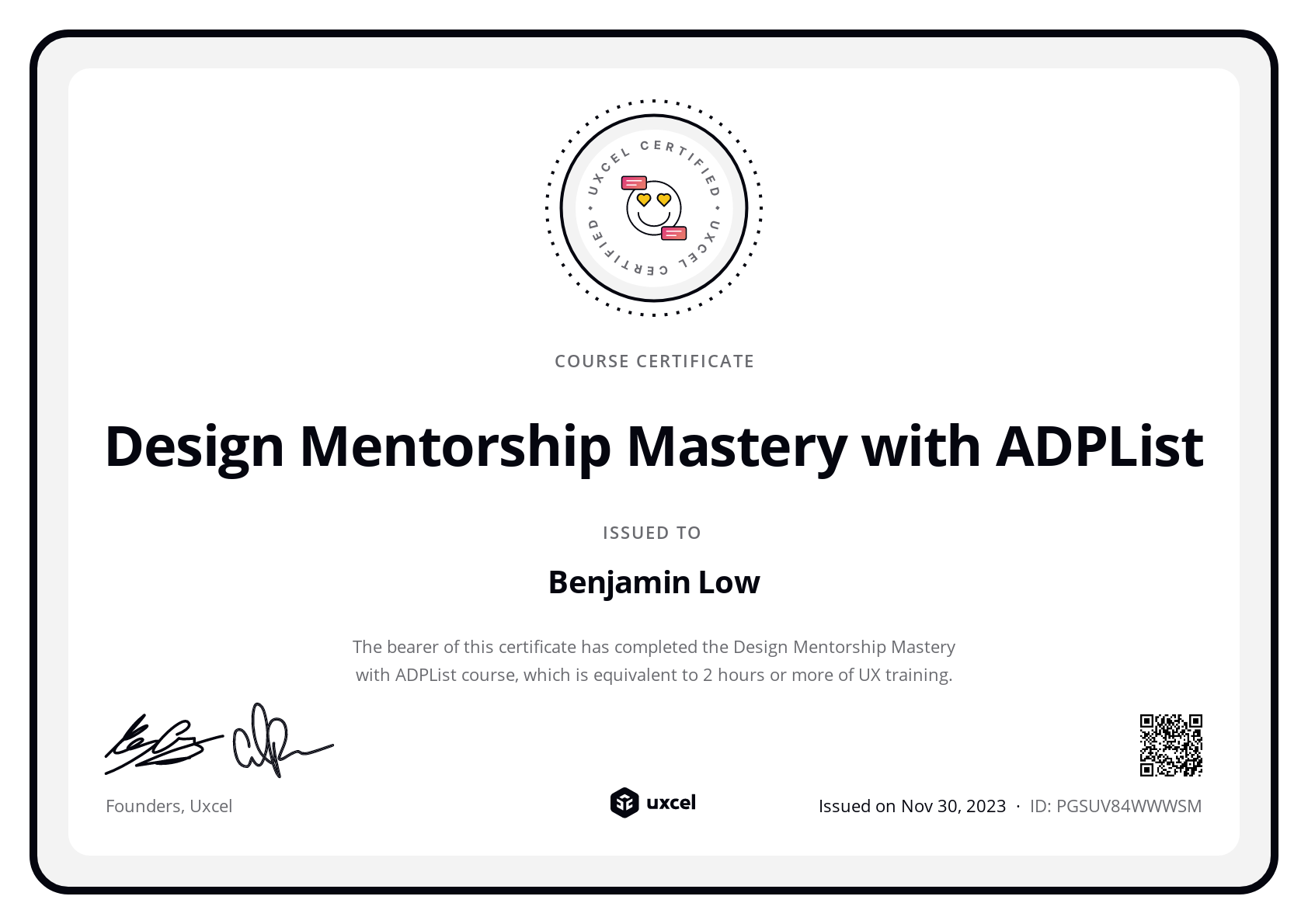 Benjamin Low Zhang Xian's certificate